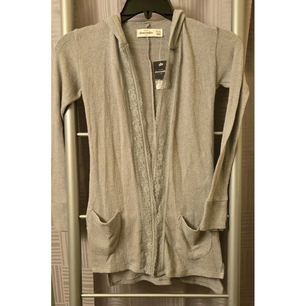 NWT Abercrombie Kids Hooded Sweater Gray Open Knit Cardigan Children's Size 8 XS